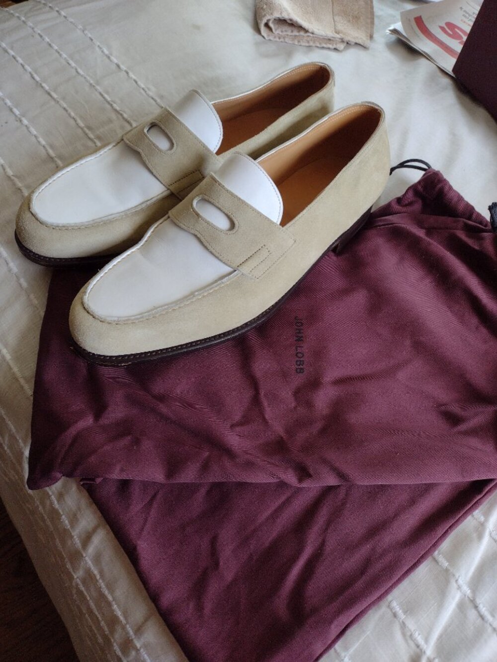 John Lobb "Lopez" Suede Loafers With Leather Panel- Oatmeal/Beige-Size 11
